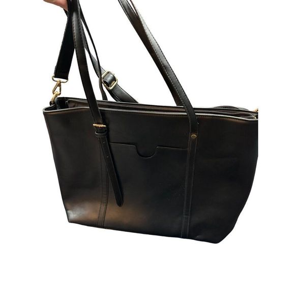Women's Black Faux Leather Tote Bag With Multiple Compartments & Adjustable Stra - Picture 2 of 11